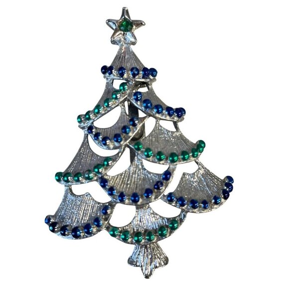Vintage Gerry's Silver Tone Christmas Tree Pin Brooch Blue Green Rhinestones - Picture 1 of 4